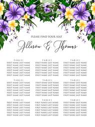 Seating chart wedding invitation set tropical violet yellow hibiscus flower palm leaves 18x24 in online maker