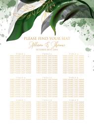 Seating chart wedding invitation set watercolor greenery floral wreath, herbs garland gold frame 18x24 in edit online