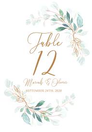Table card wedding invitation set gold leaf laurel watercolor eucalyptus greenery 3.5x5 in customizable template