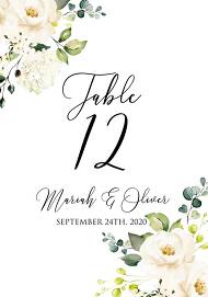 Table number card White rose peony greenery watercolor free custom online editor 3.5x5