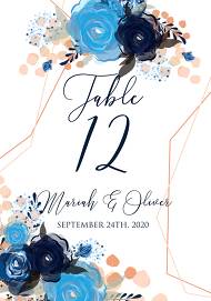 Table number place card royal navy blue rose peony indigo watercolor pdf online editor