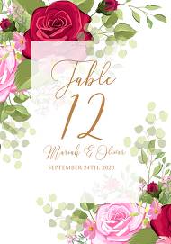 Table place card wedding invitation set red pink rose greenery wreath card template 3.5x5 in edit template