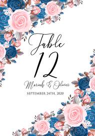 Table place wedding invitation pink navy blue rose peony ranunculus floral card template 3.5x5 in edit online