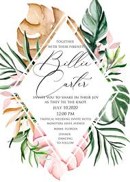 Tropical watercolor Aloha monstera pink greenery leaves palm digital wedding invitation template 5x7 online editor