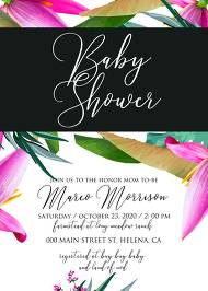 Wedding baby shower invitation card set pink pink tropical flowers leaves palm of banana grass PNG 5x7 in online maker
