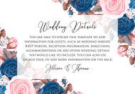 Wedding details invitation pink navy blue rose peony ranunculus floral card template 5x3.5 in customizable template