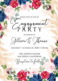 Wedding engagement invitation set watercolor navy blue rose marsala dark red peony pink greenery 5x7 in invitation editor