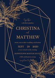 Wedding invitation cards embossing gold foil herbal greenery navy blue 5x7 in