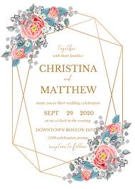 Wedding invitation set pink peony tea rose ranunculus floral card template gold frame 5x7 in personalized invitation