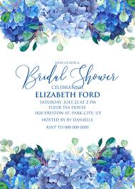 Wedding invitation set watercolor blue hydrangea eucalyptus greenery 5x7 in customizable template
