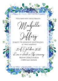 Wedding invitation set watercolor blue hydrangea eucalyptus greenery 5x7 in edit template