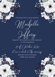 Wedding invitation set white anemone flower card template on navy blue background 5x7 in create online