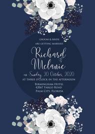Wedding invitation set white anemone flower card template on navy blue background 5x7 in customize online