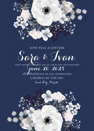 Wedding invitation set white anemone flower card template on navy blue background 5x7 in edit template