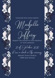 Wedding invitation set white anemone flower card template on navy blue background 5x7 in invitation editor