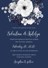 Wedding invitation set white anemone flower card template on navy blue background 5x7 in online editor