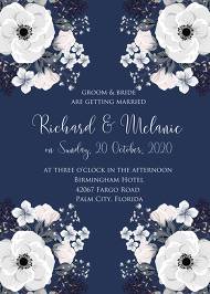 Wedding invitation set white anemone flower card template on navy blue background 5x7 in online maker