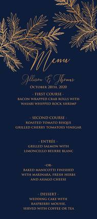 Wedding menu design invitation cards embossing gold foil herbal greenery navy blue 4x9 in customize online