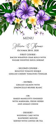 Wedding menu design invitation set tropical violet yellow hibiscus flower palm leaves 4x9 in edit template