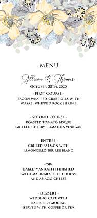 Wedding menu invitation set jasmine apple blossom watercolor FTP 4x9 in customize online