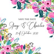 Wedding save the date invitation set pink tulip peony card template 5.25x5.25 in customizable template