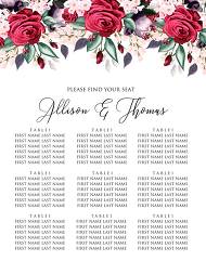 Wedding seating chart banner invitation set watercolor marsala red burgundy rose peony greenery 18x24 in edit template