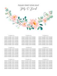 Wedding seating chart blush pastel peach rose peony sakura watercolor floral eucaliptus greenery 18x24 in online maker