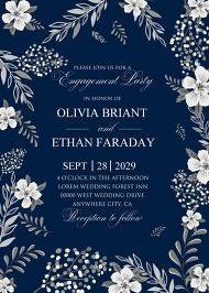 White anemone navy blue background engagement party wedding invitation set 5x7 in edit online