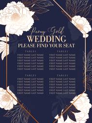 White peony foil gold stamping seating chart banner classic navy blue wedding invitation set 18x24 in edit template